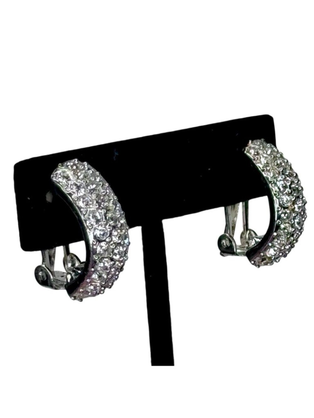Vintage Rhinestone Pave Clip On Earrings Huggie Silver Tone Signed Roman - Picture 5 of 9